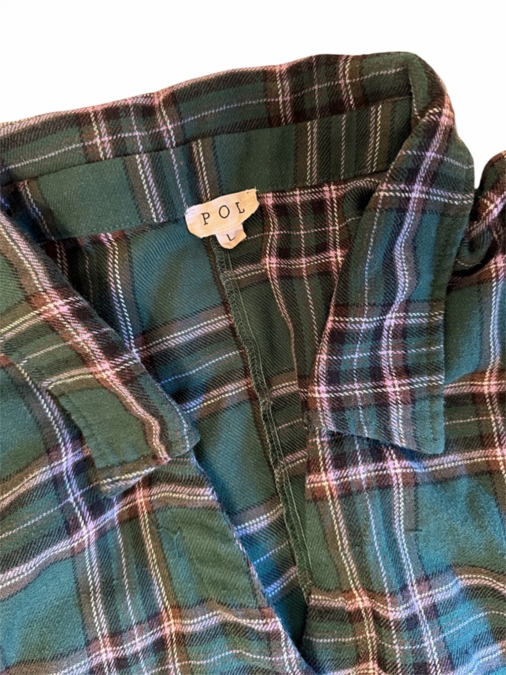 POL Green Plaid Button-Up Very Oversized Distressed Shirt with Red Plaid Pocket
